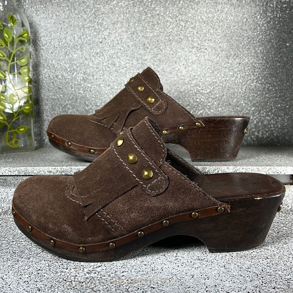 Michael Kors Chocolate Suede Clogs with Brass Studs